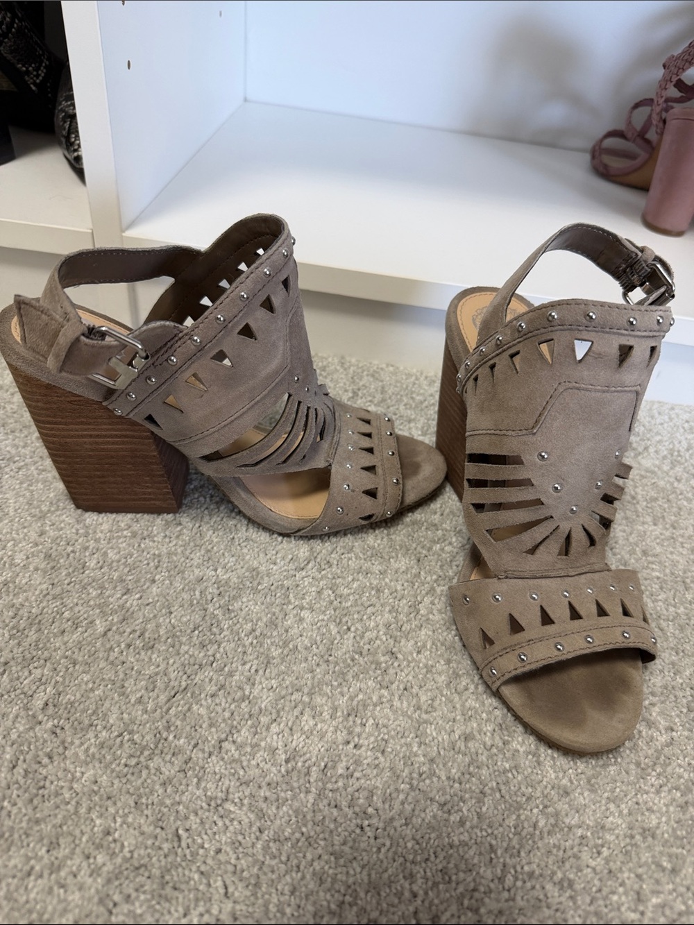 Vince Camuto Suede Cutout Block Heel Sandals - Taupe
